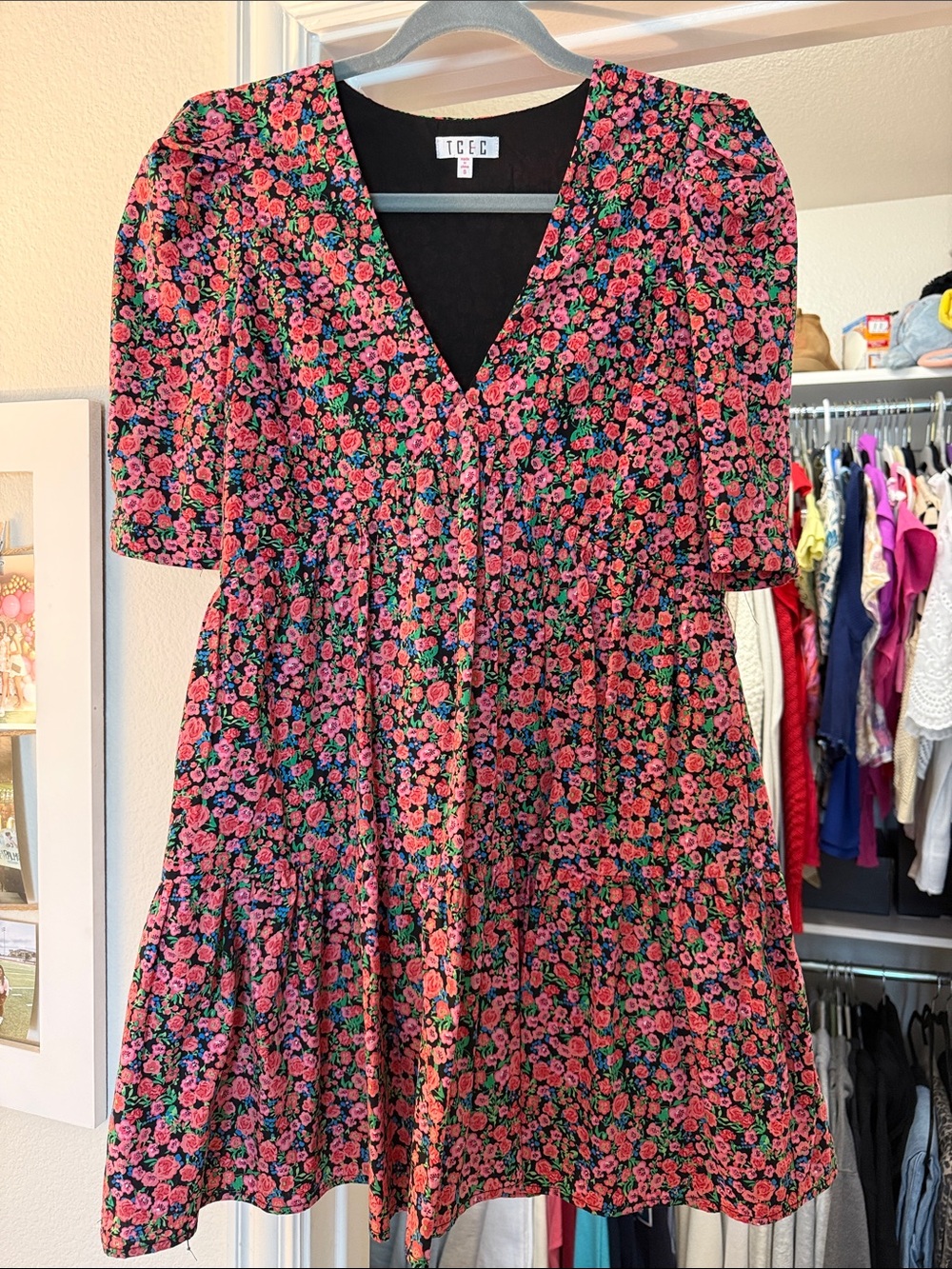 Black Floral Mini Dress with Pink, Green, and Blue Flowers